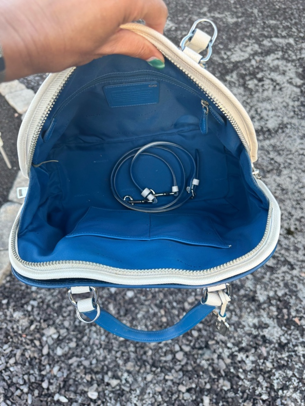 Coach Sample Perforated Leather Dome Satchel White Blue Trim Crossbody Bag - Picture 9 of 17